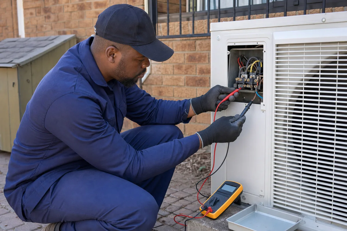 Technician testing an open condenser terminal block with red and black multimeter probes