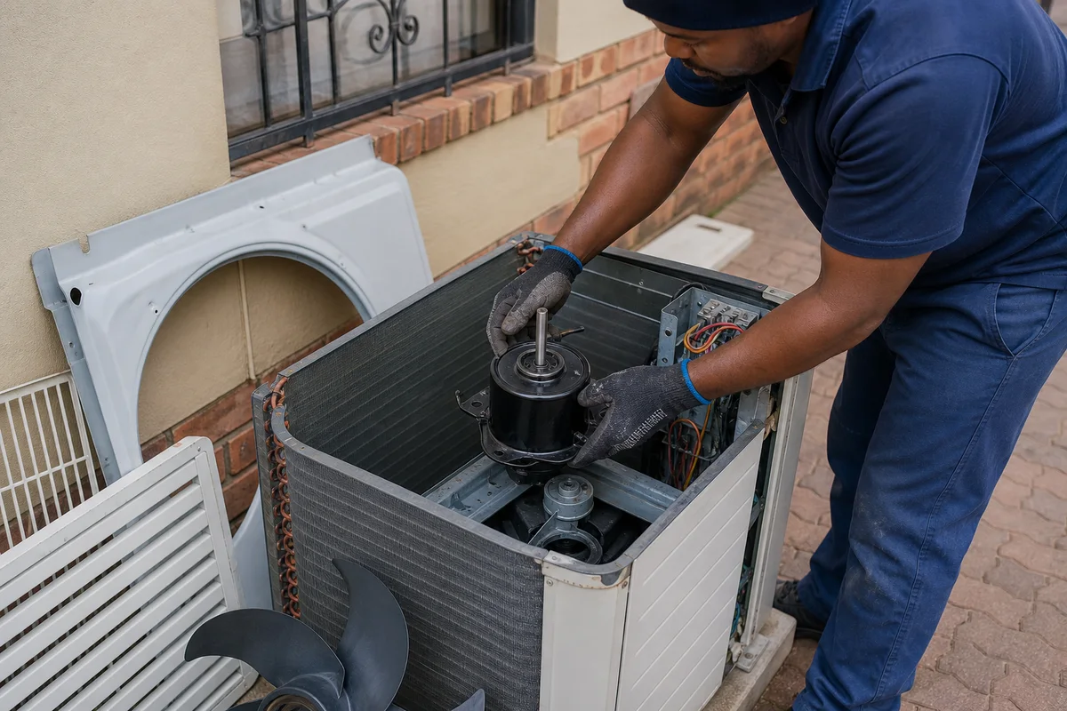Technician fitting a fan motor into the open housing of an outdoor condenser
