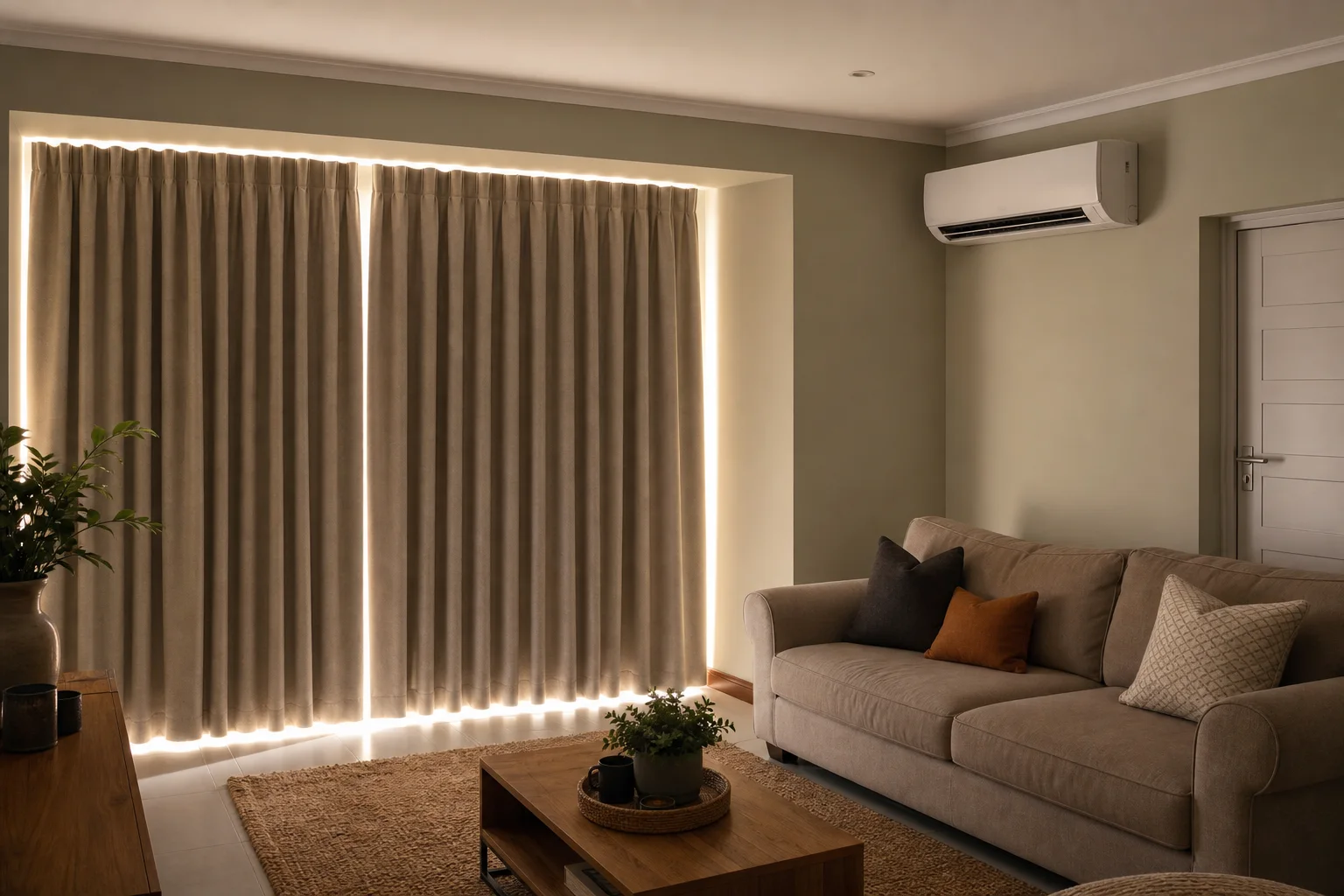 Closed thermal curtains beside an operating wall aircon in an insulated lounge