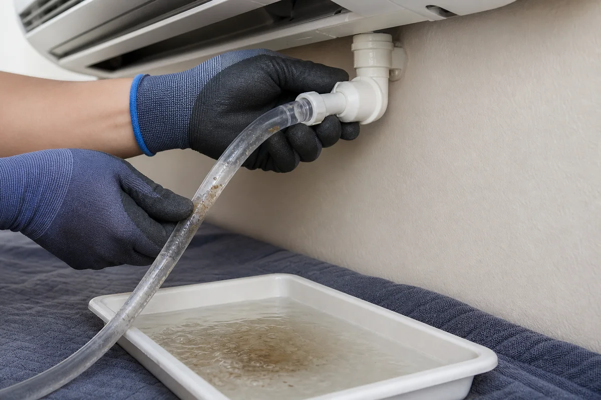 Gloved hands flushing residue through a clear condensate drain hose into a shallow tray
