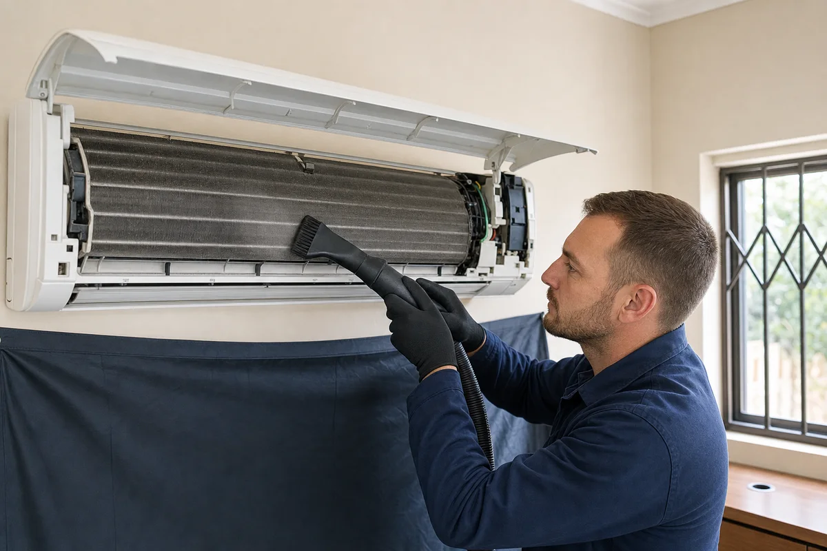 Technician vacuuming dust from the exposed evaporator coil of an open wall-mounted unit