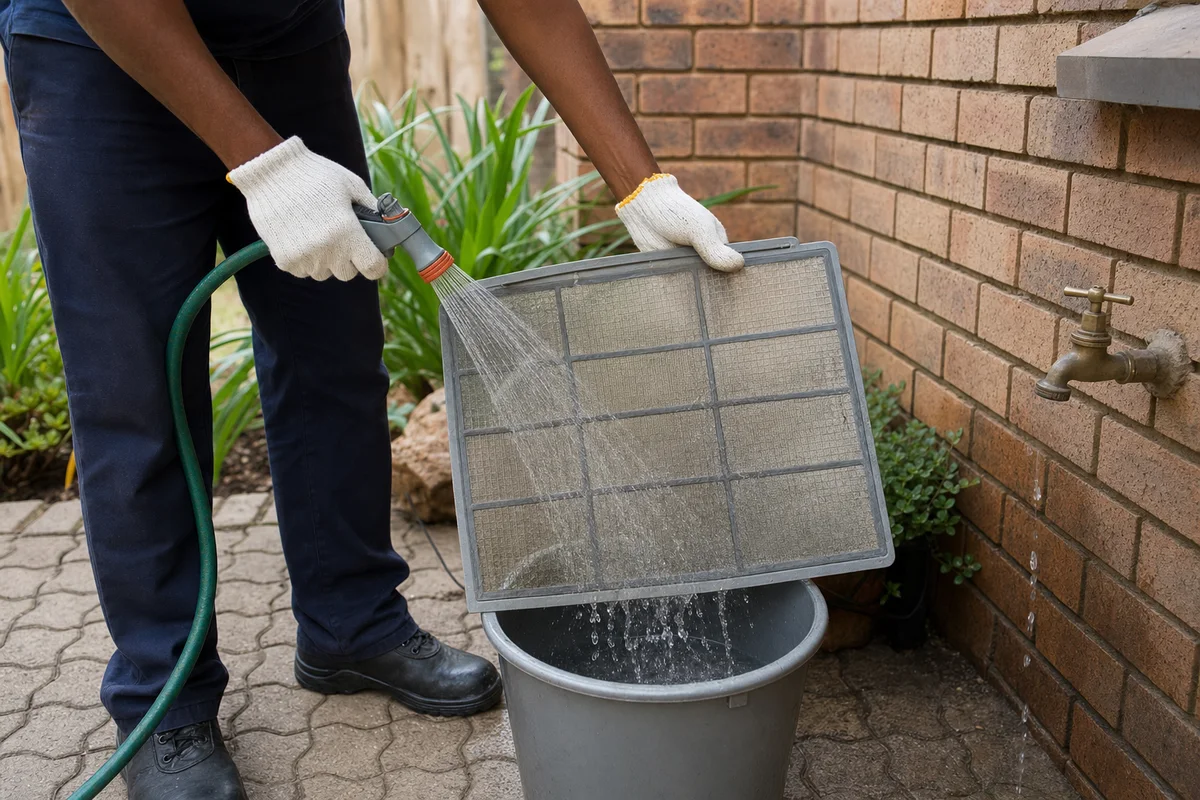 Technician rinsing a reusable mesh aircon filter over a utility bucket