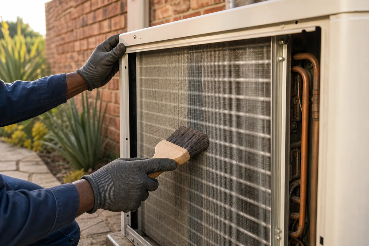 Technician brushing dust from exposed aluminium fins on an outdoor condenser coil