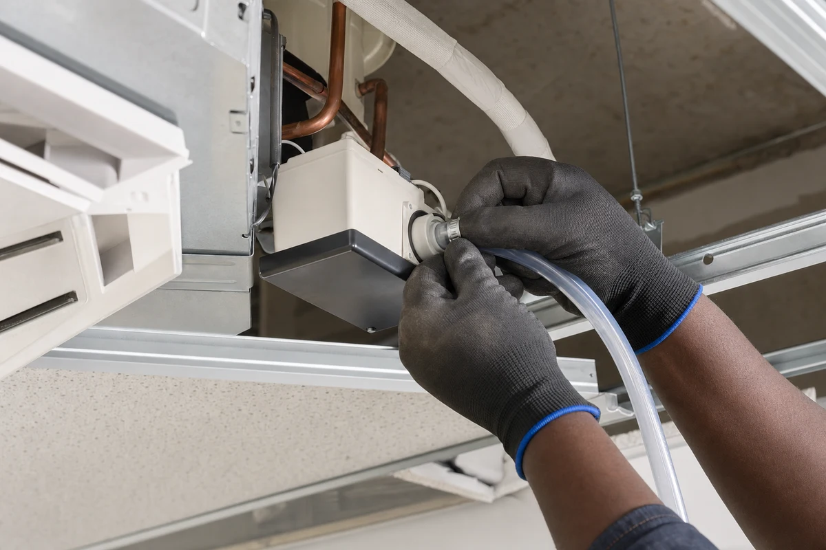 Gloved hands connecting a clear drain hose to a cassette condensate pump
