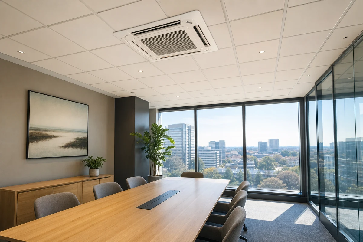 Finished ceiling cassette above a bright Johannesburg boardroom