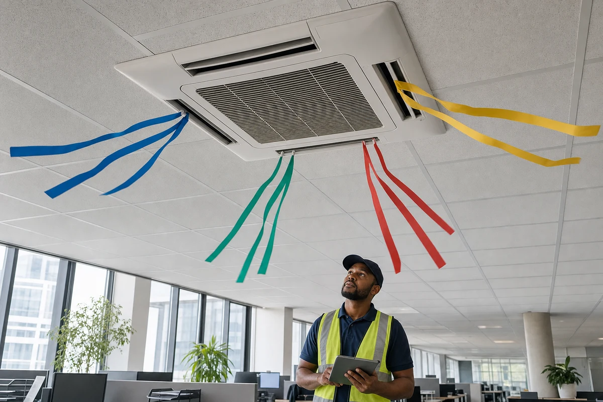 Coloured ribbon streamers showing airflow from all four sides of a ceiling cassette