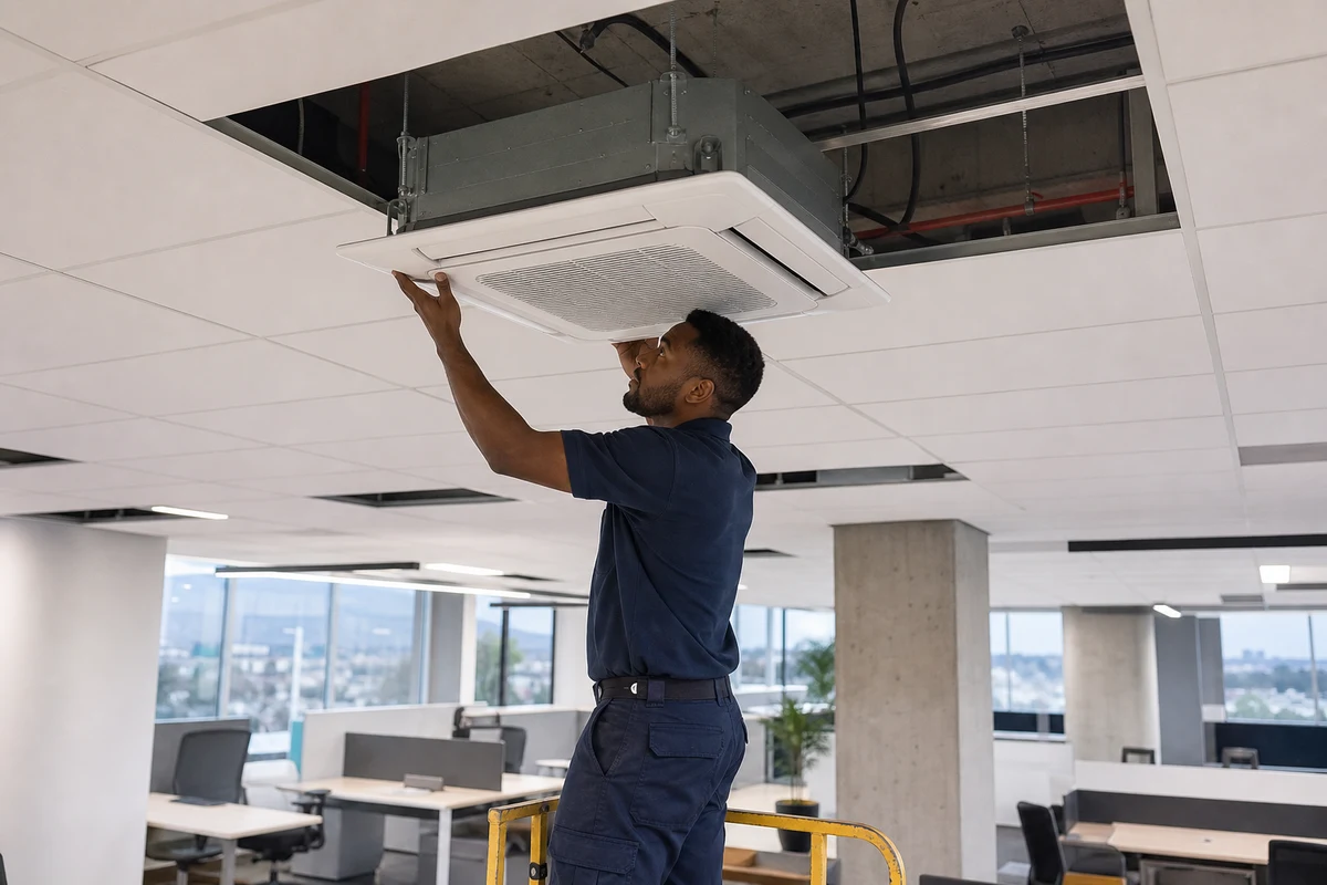 Technician fitting a cassette unit into an open suspended-ceiling grid