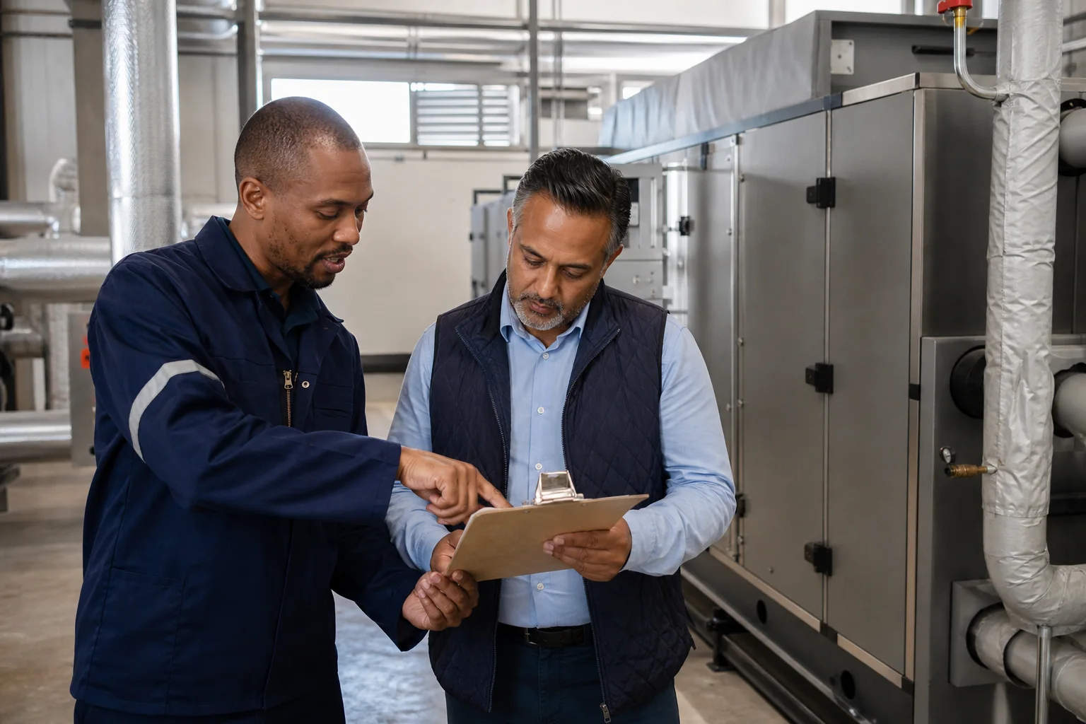 Facilities manager and technician reviewing a blank maintenance clipboard beside HVAC plant