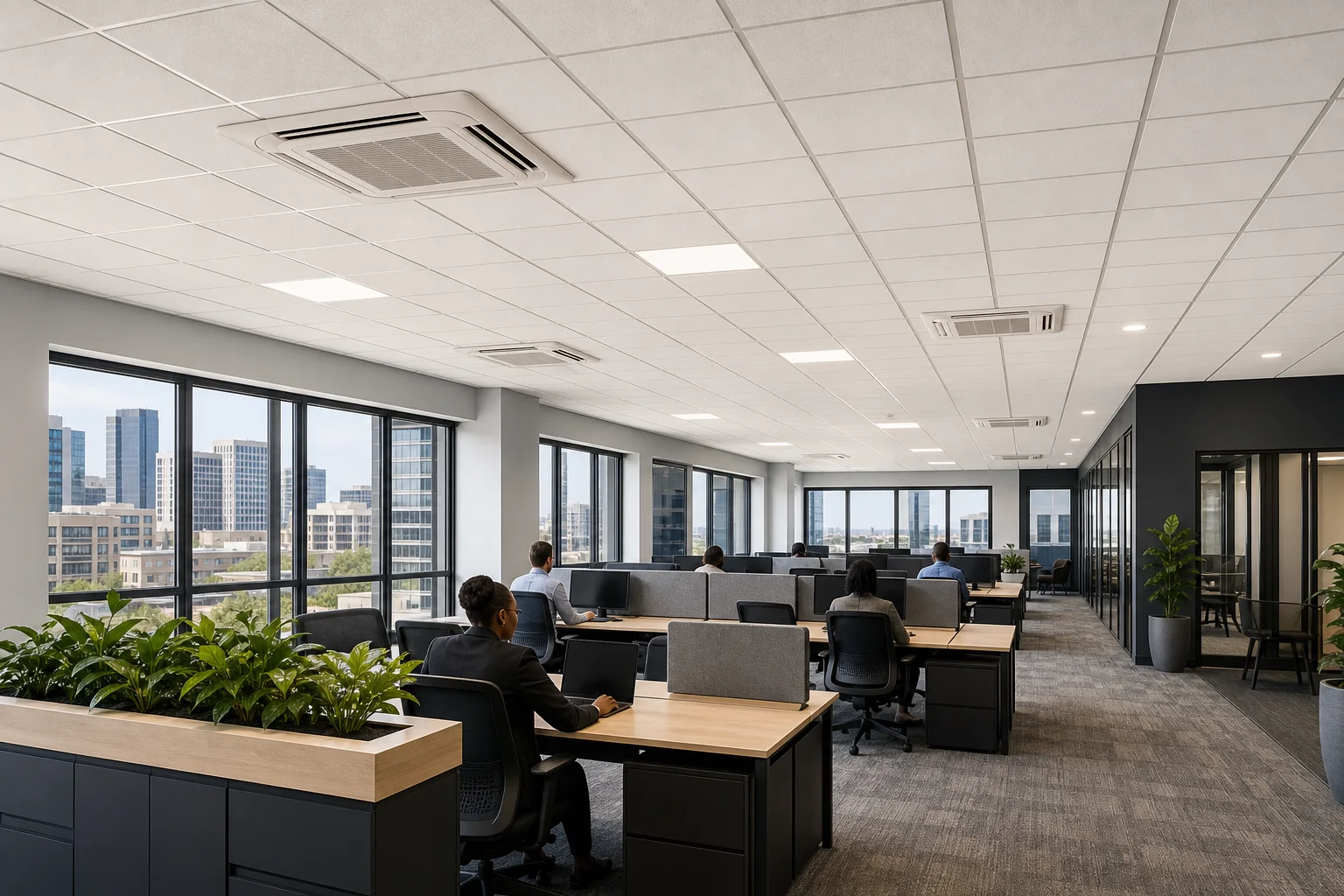 Multiple ceiling cassette aircons arranged above an open-plan office