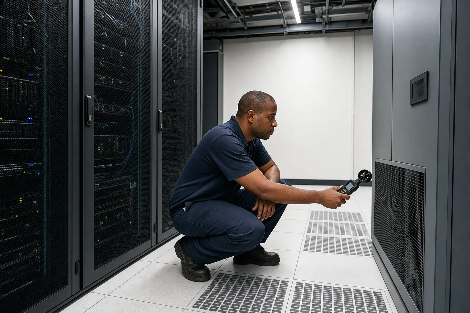 Technician measuring airflow beside server racks and a precision cooling cabinet