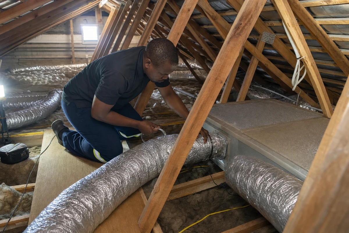 Technician connecting flexible insulated ducting to a fan-coil plenum in a roof void