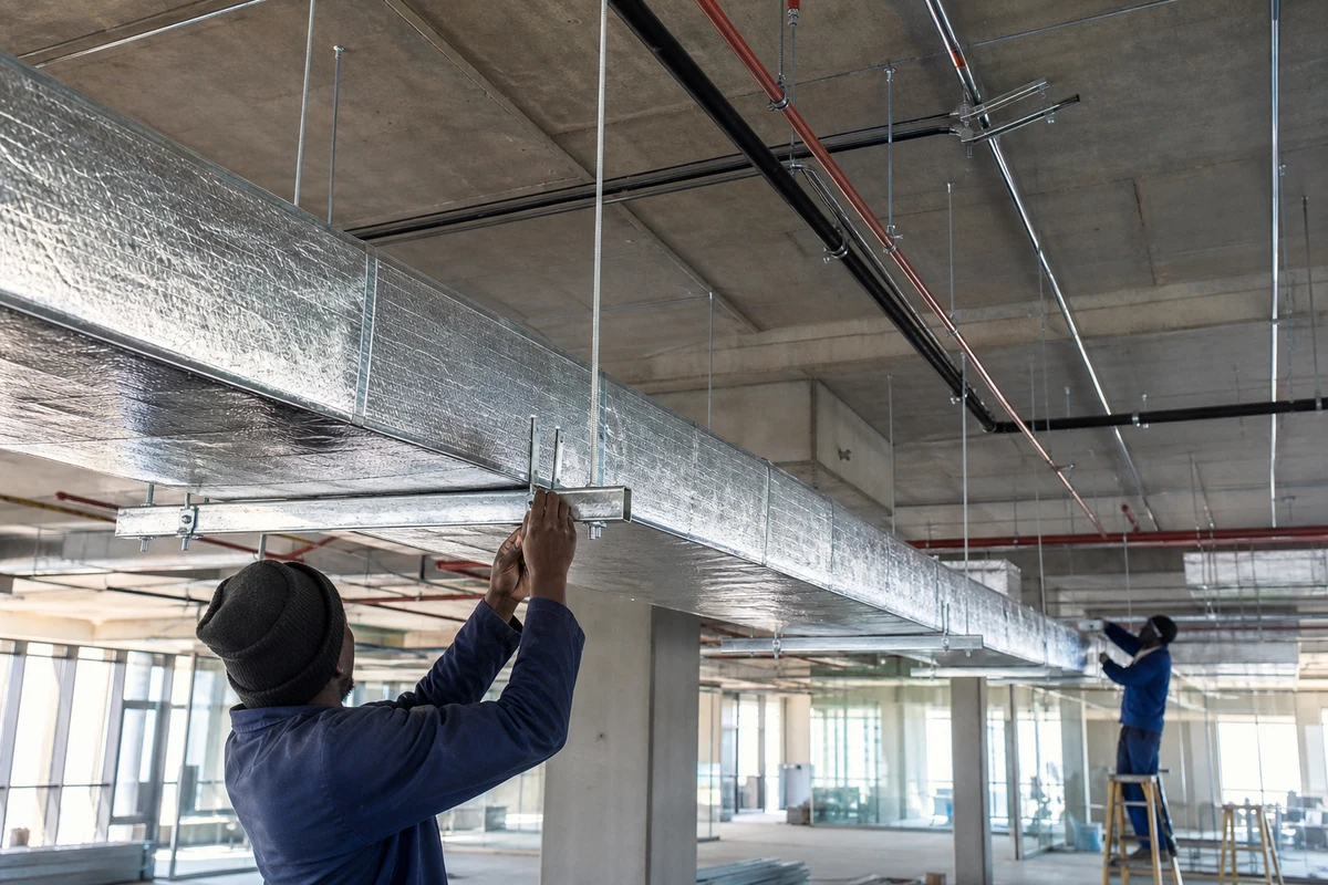 Insulated rectangular trunk duct suspended from ceiling hangers in a commercial fit-out