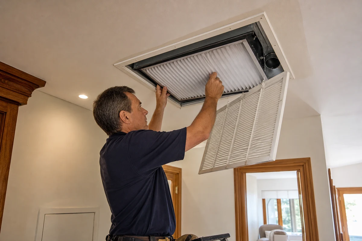 Technician sliding a pleated filter into an open ceiling return-air box