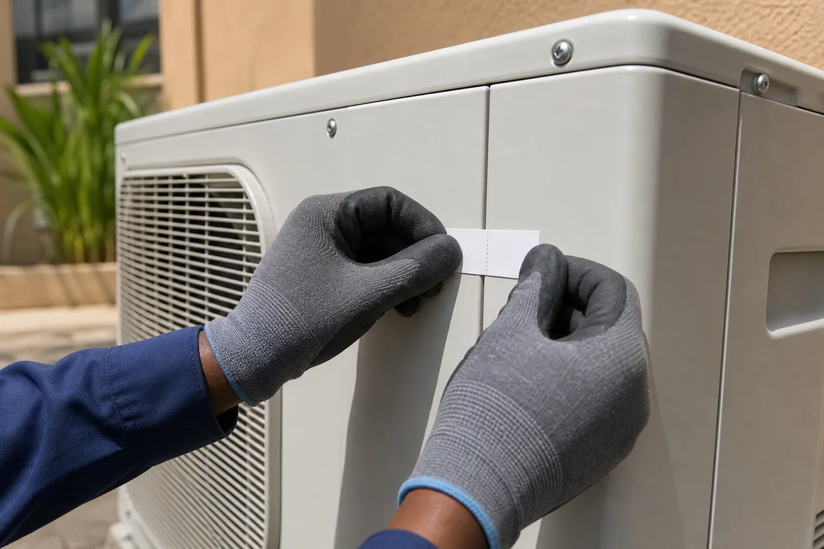 Technician applying a blank tamper-evident seal across a closed condenser panel