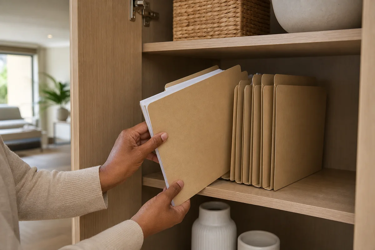 Homeowner filing a blank warranty folder with appliance documents in a cabinet