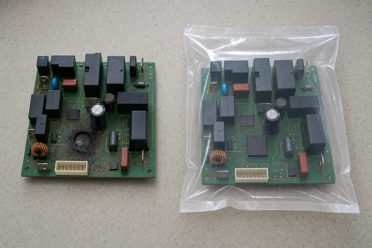 Failed aircon control board beside a sealed generic replacement board