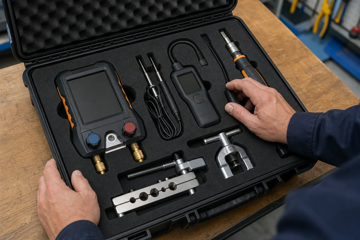 Assessor inspecting an organised case of calibrated HVAC service tools