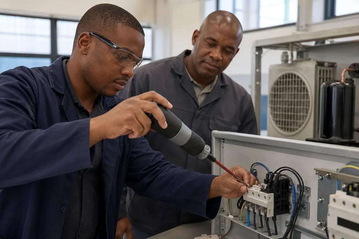 Technician candidate using a torque screwdriver on a terminal training board while an assessor observes