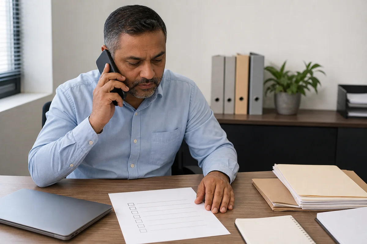 Office reviewer making a reference phone call beside a blank checklist