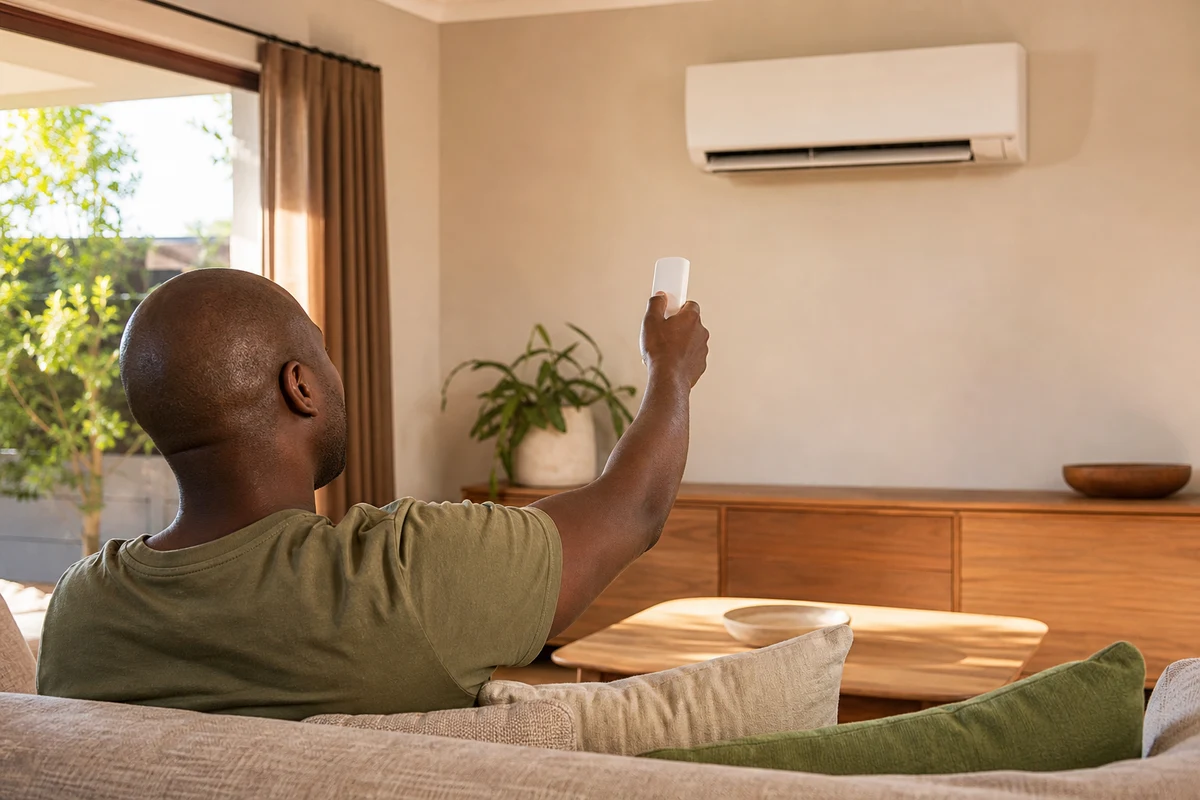 Homeowner pointing a plain remote at a wall-mounted air conditioner in a warm living room