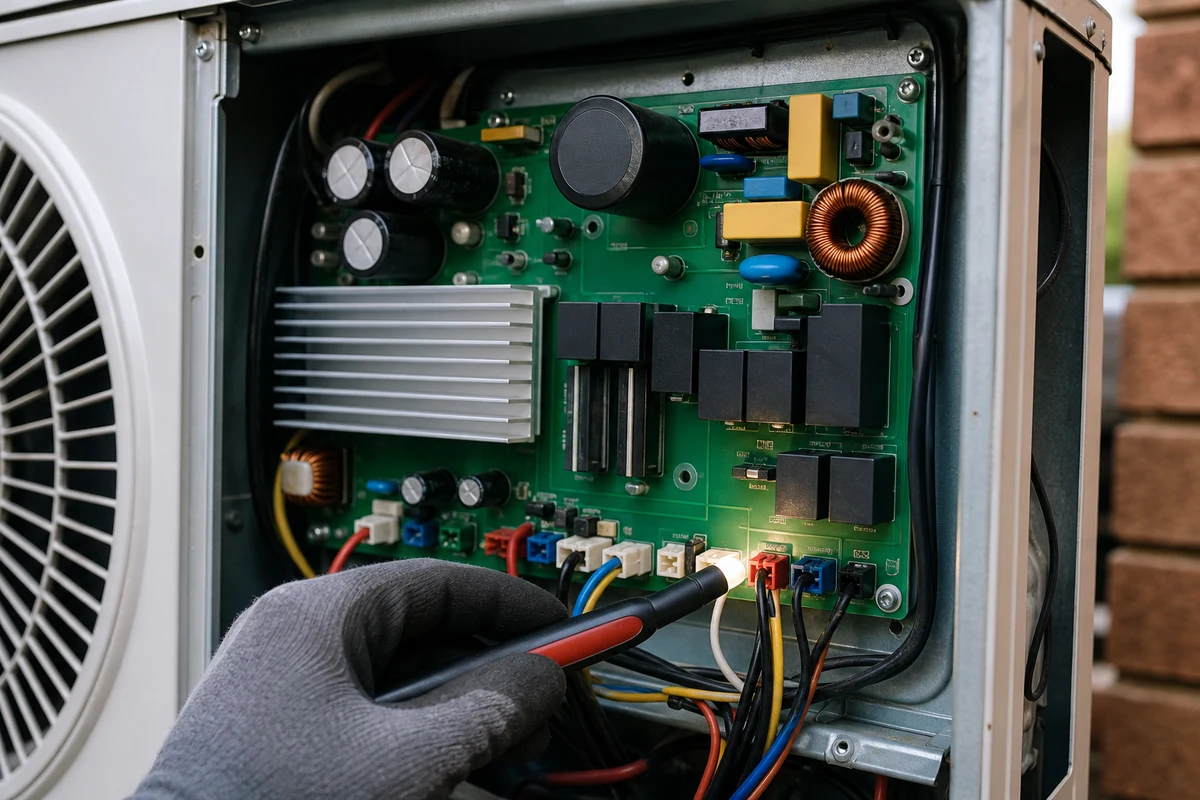 Gloved technician inspecting an inverter condenser control board with a small work light