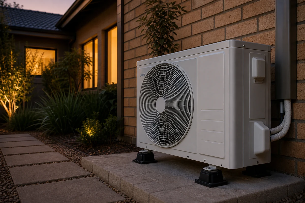 Outdoor condenser resting on rubber anti-vibration feet beside a home at dusk