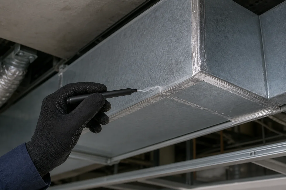 Gloved technician using a smoke pencil at a sealed ceiling duct joint