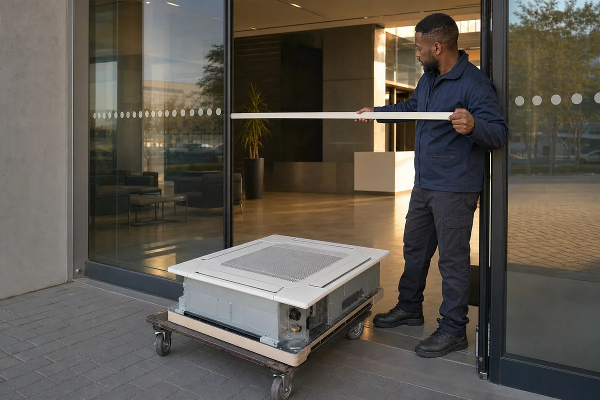 Technician measuring a glass-office doorway beside a ceiling cassette on a trolley