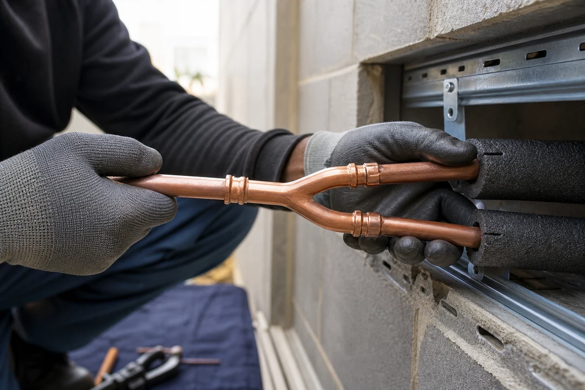 Gloved hands aligning a copper Y-branch joint between insulated refrigerant lines