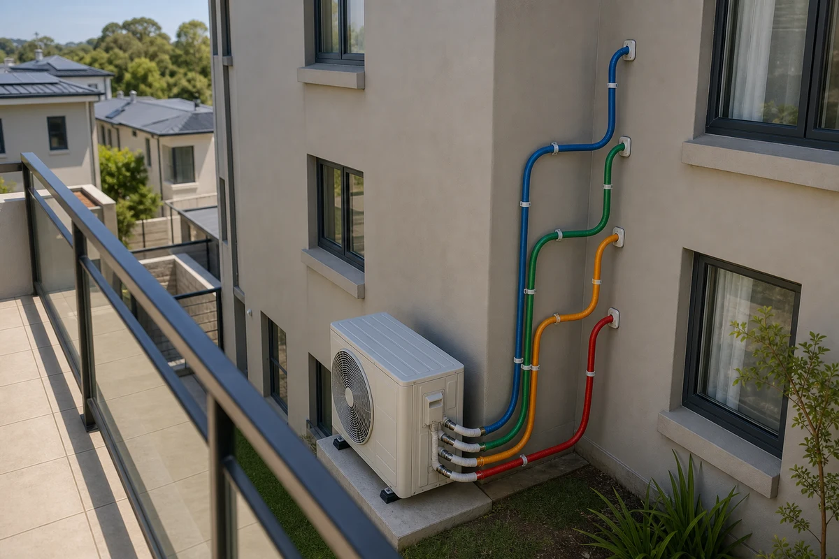 Elevated view of one outdoor condenser with four colour-coded line-set routes entering different rooms