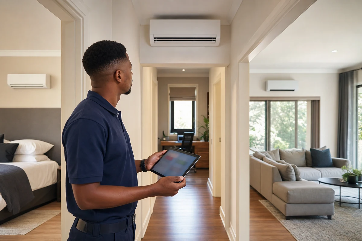 Technician checking several indoor air-conditioning zones with a tablet in a hallway