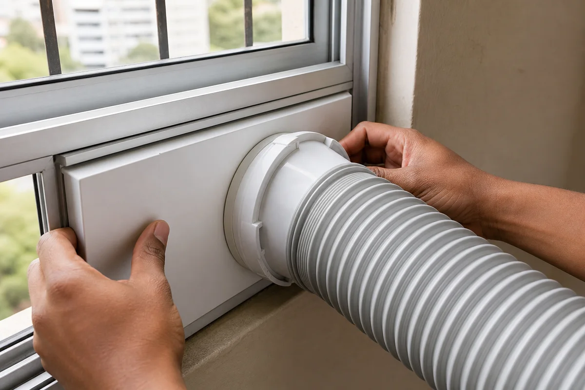 Hands locking a corrugated portable-aircon exhaust hose into an adjustable window adapter