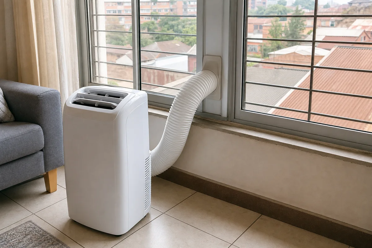 Portable floor air conditioner beside an apartment window with its exhaust hose sealed into an adapter panel