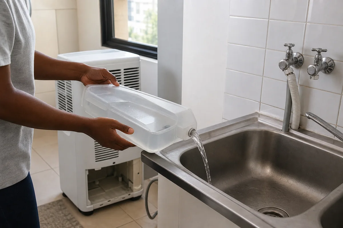 Removable portable-aircon condensate tank being emptied into a stainless utility sink
