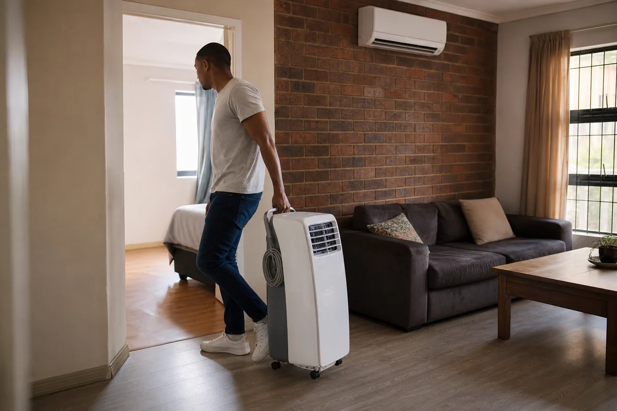 Renter rolling a portable air conditioner through a doorway while a fixed wall split remains in the lounge