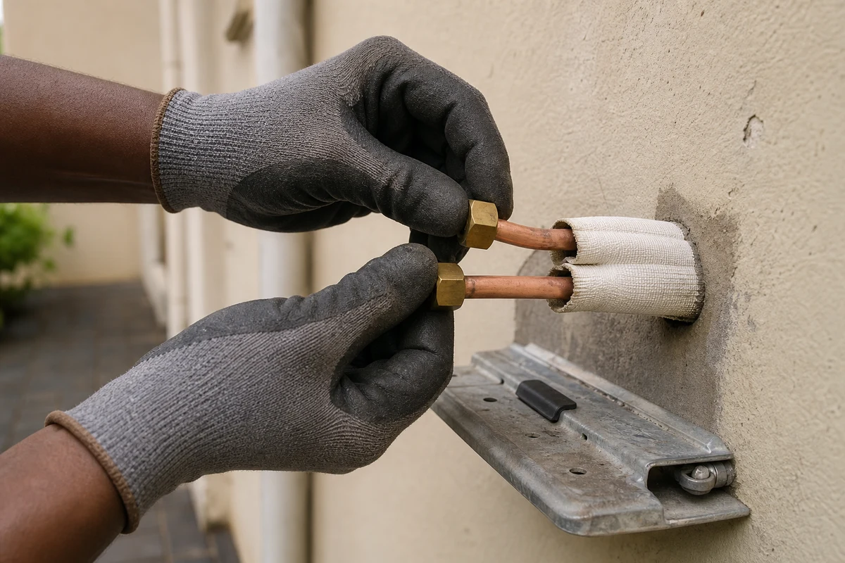 Gloved hands fitting sealed caps to disconnected copper refrigerant lines