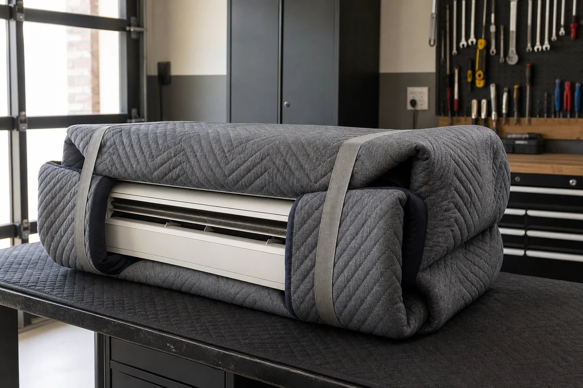 Removed indoor aircon head wrapped in a protective moving blanket on a padded bench