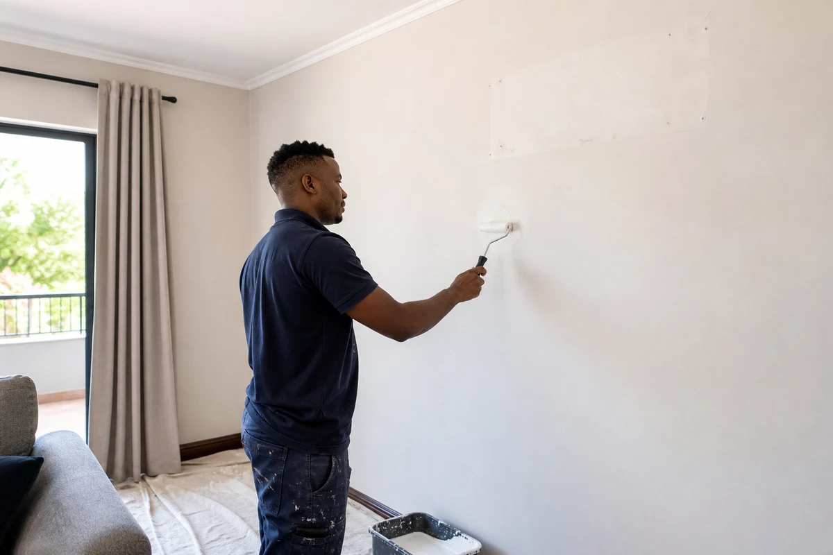 Technician repainting a sealed former aircon wall penetration