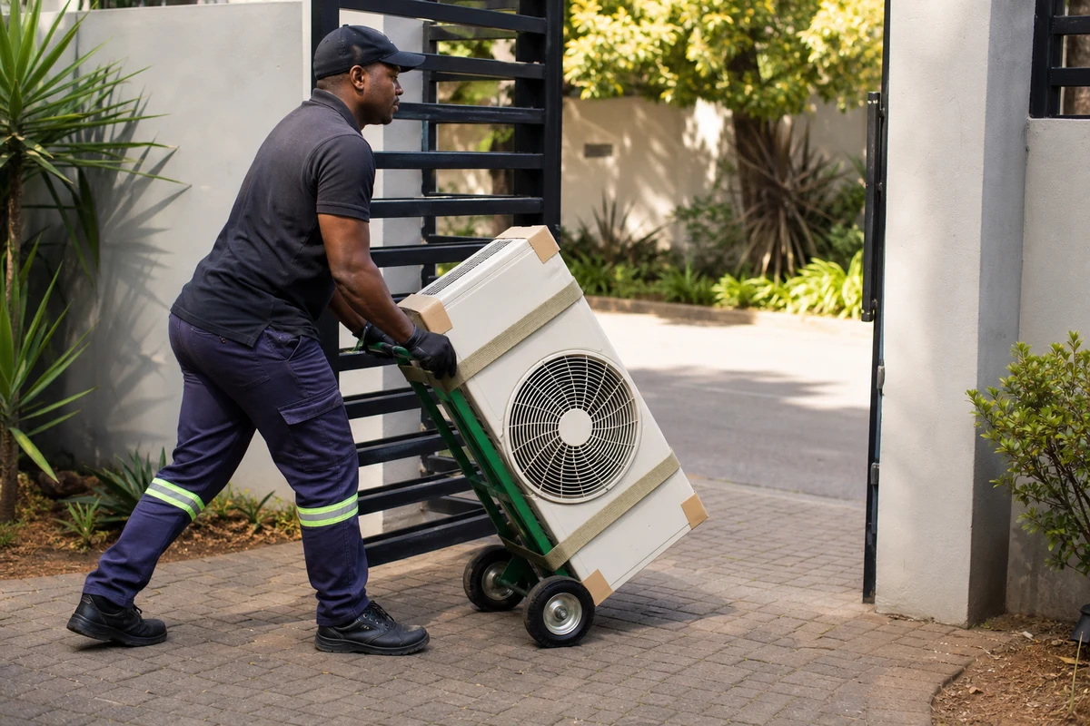 Technician moving one upright condenser through a gate on a hand trolley