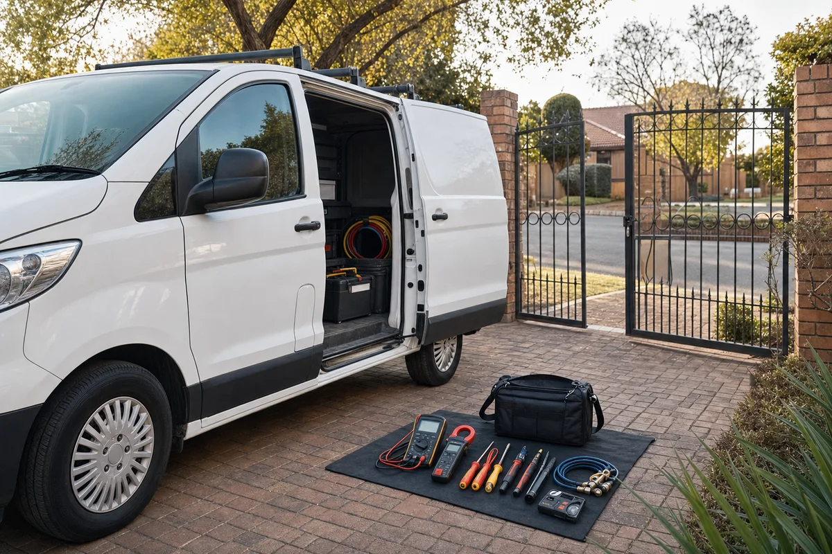 Unbranded aircon service van and diagnostic tools at a Johannesburg home gate