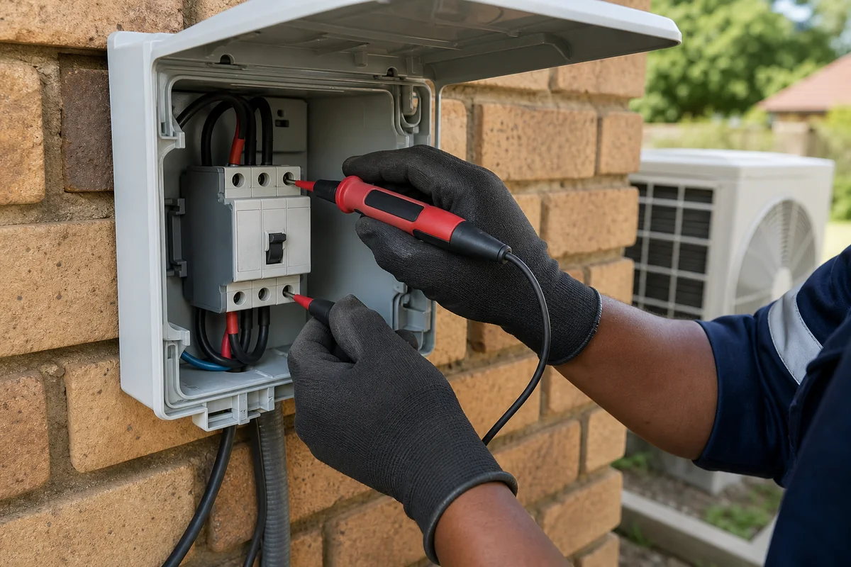 Technician testing a weatherproof outdoor aircon isolator with an insulated voltage tester