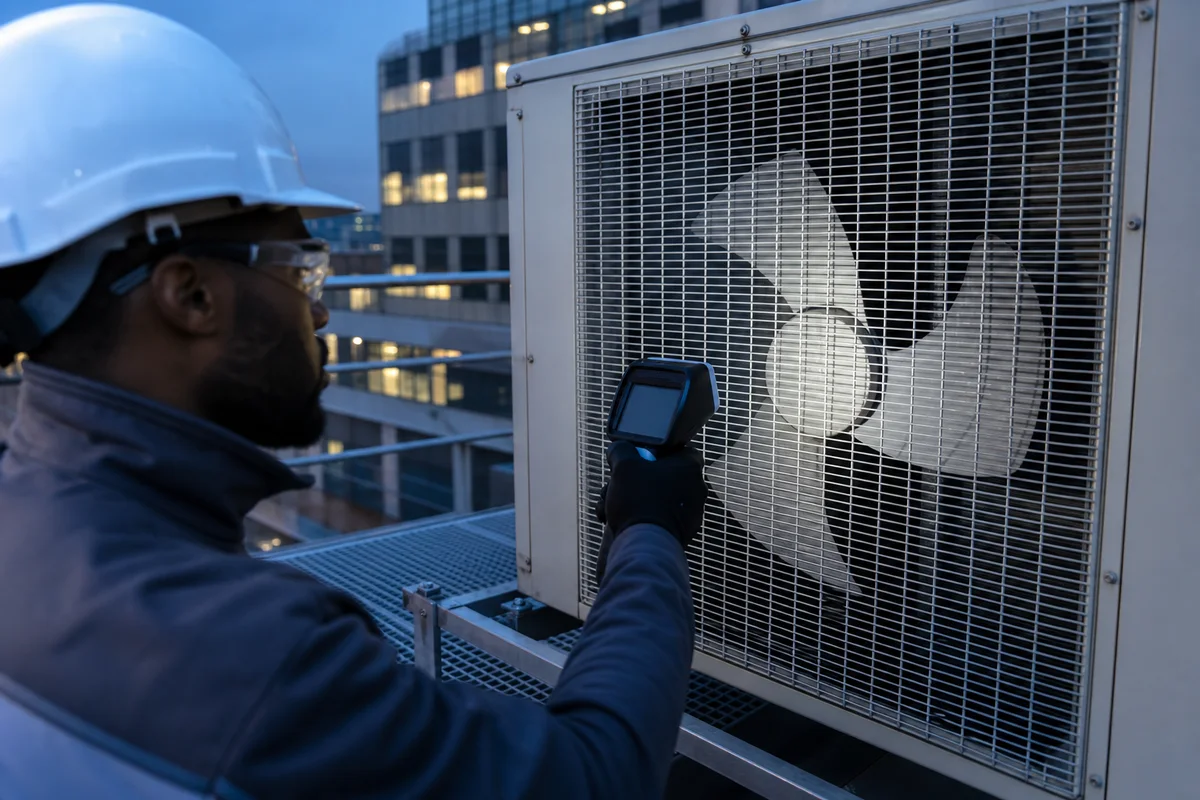 Technician checking guarded condenser fan rotation with an optical stroboscope