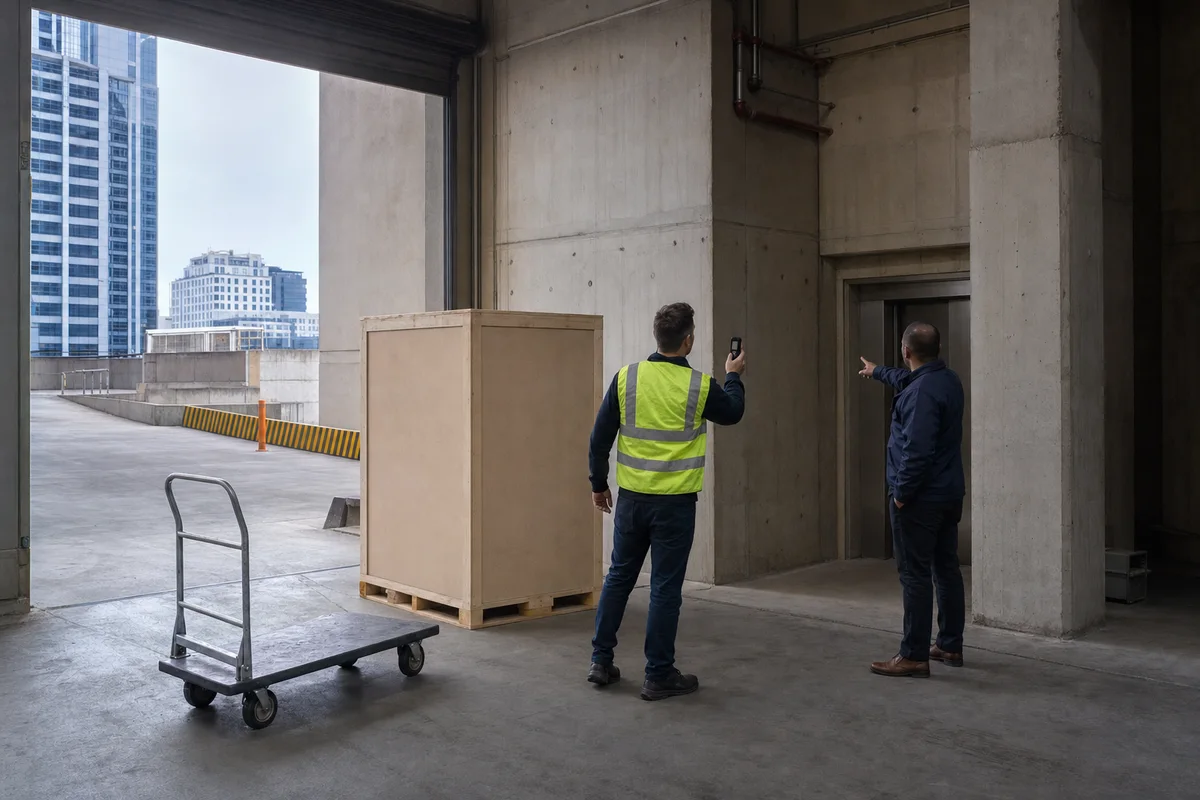 Technician and facilities representative surveying a high-rise loading-bay access route