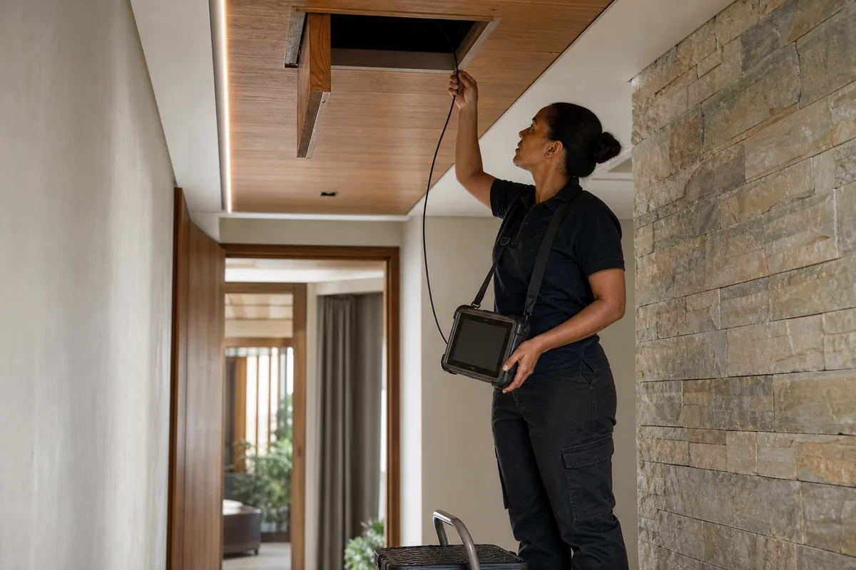Technician surveying a luxury-home ceiling void with a flexible borescope