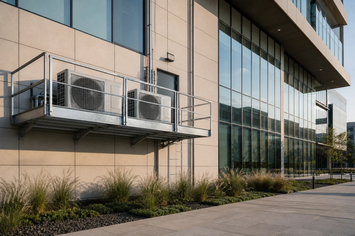Dedicated condenser service platform integrated into a modern commercial facade