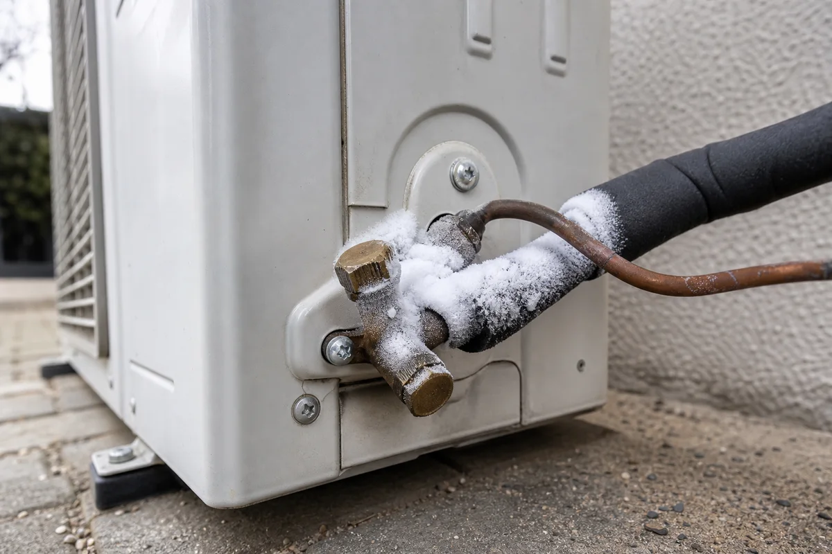 Frost concentrated around the suction-line service valve on an outdoor aircon condenser