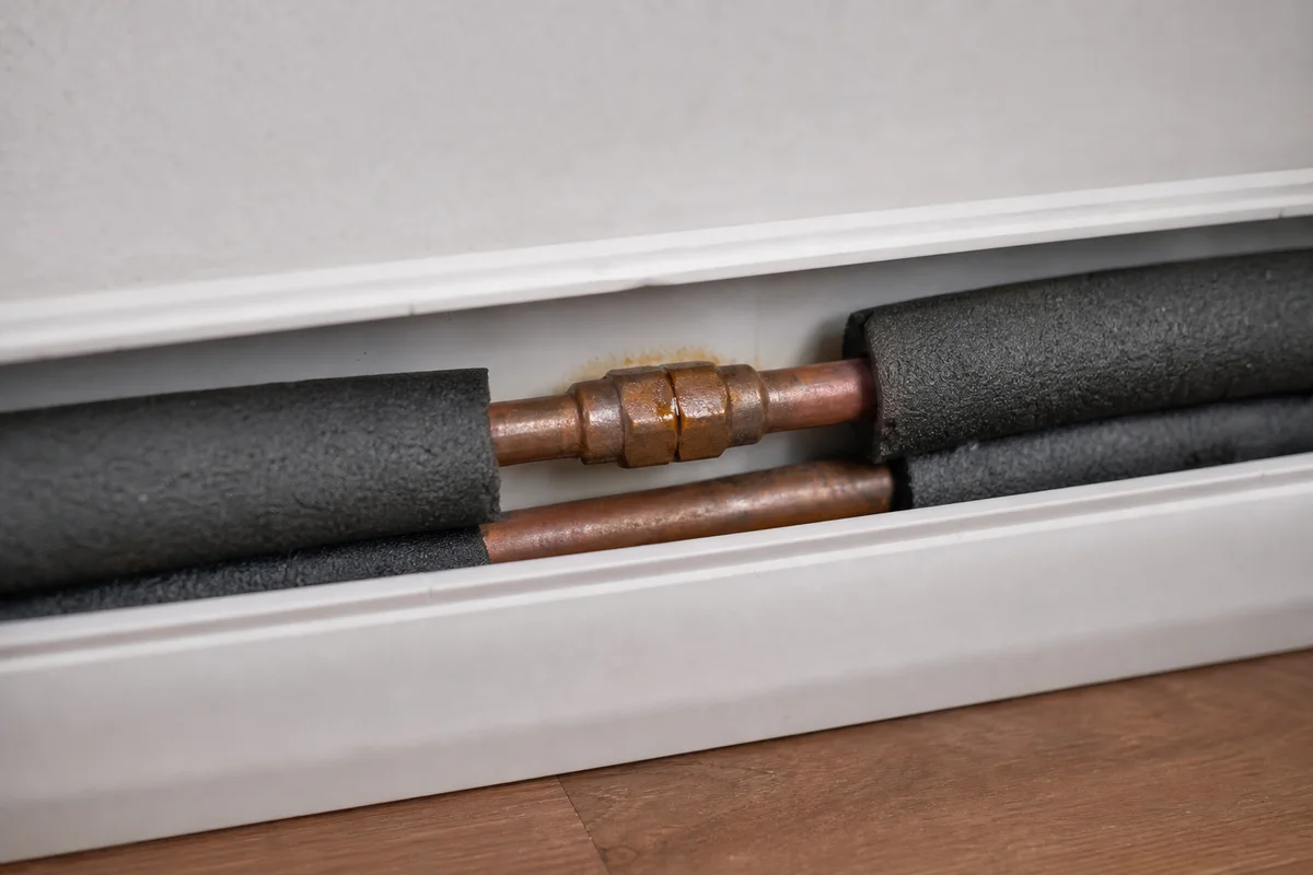 Oily residue halo around a concealed copper aircon pipe joint