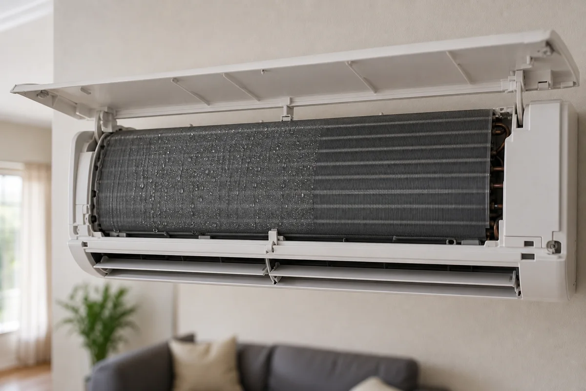 Opened indoor aircon showing wet and dry sections across the evaporator coil