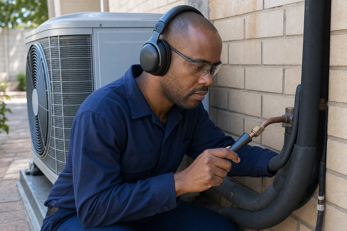 Aircon technician using ultrasonic headphones to listen for a leak at copper pipework