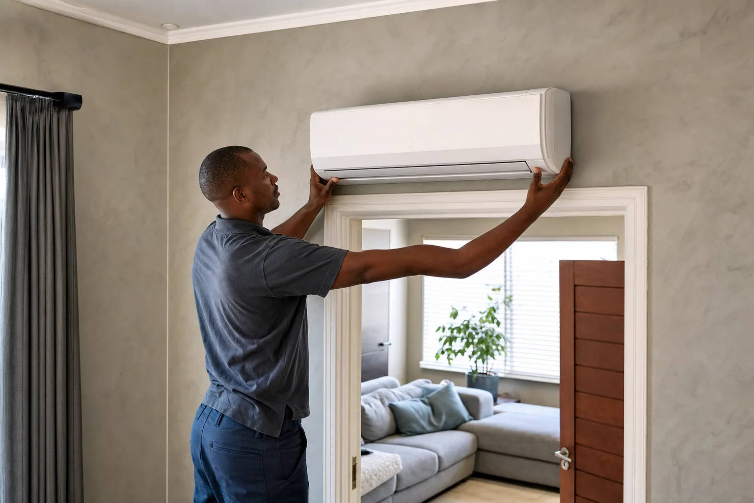 Installer aligning a white split aircon above a lounge doorway